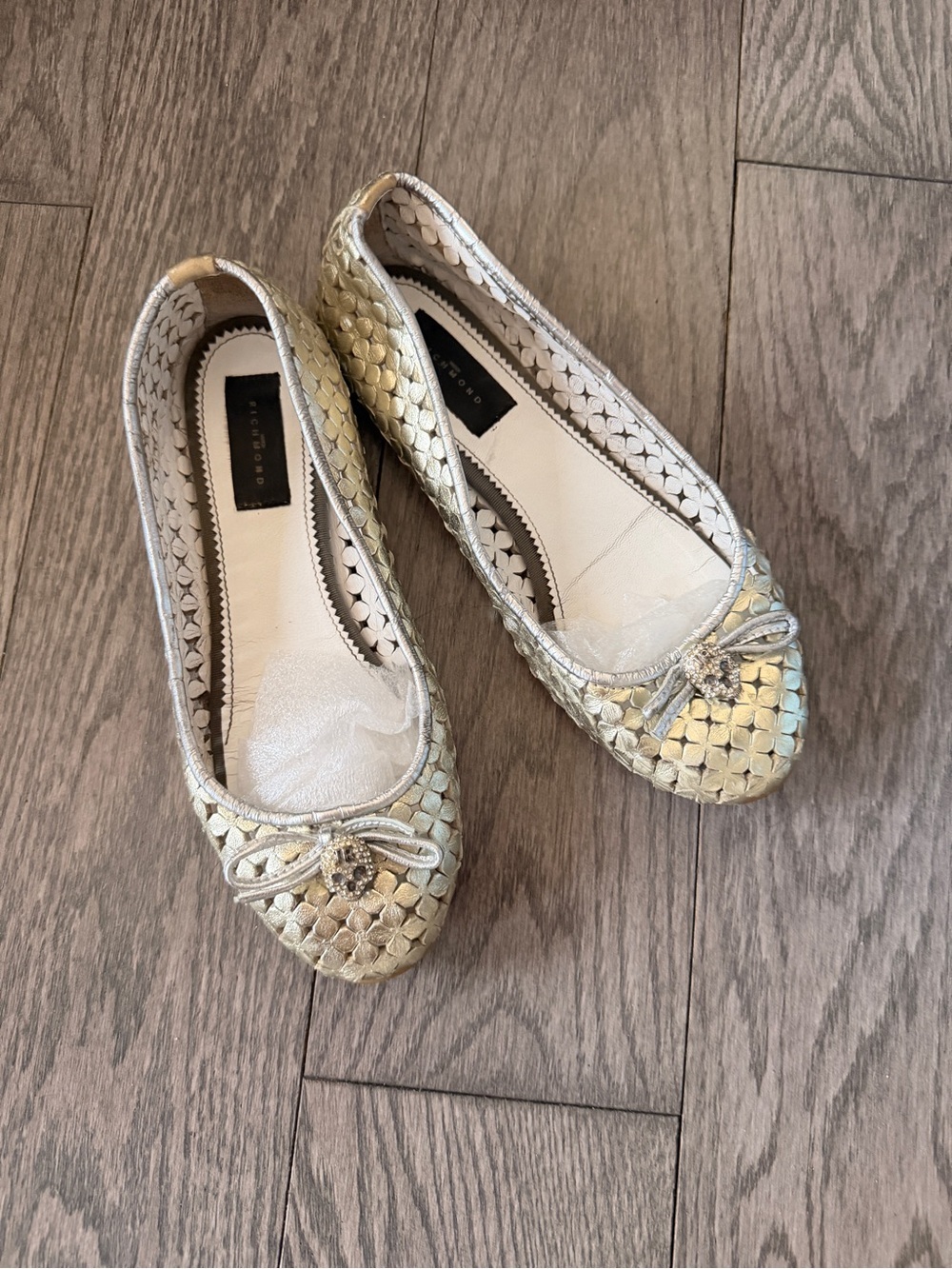 John Richmond Metallic Gold Ballet Flats with Bow and Crystal